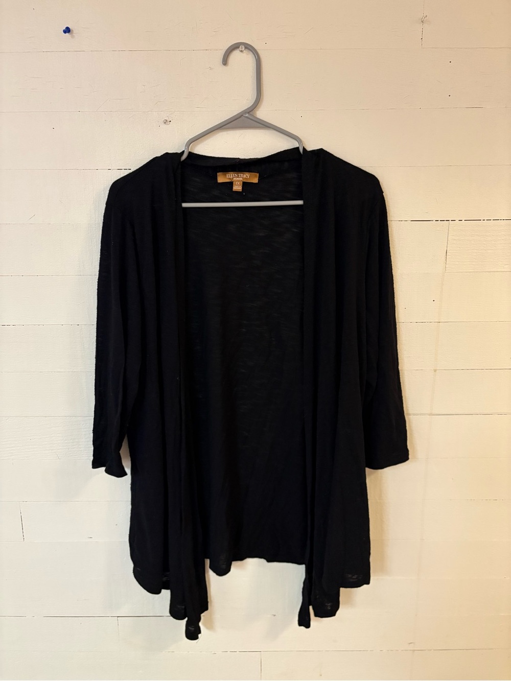 Ellen Tracy Woman 1X Black Open Front Draped Cardigan Asymmetrical Hem